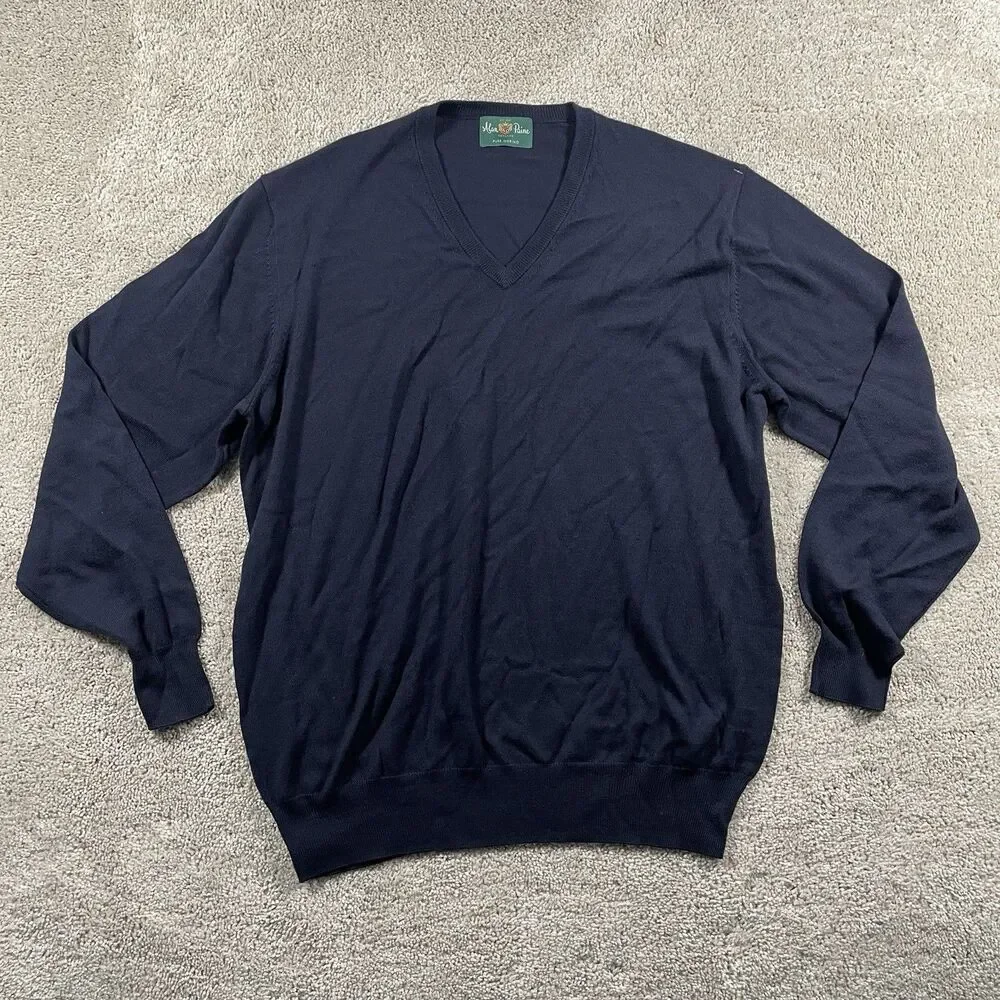 Vintage Alan Paine Men’s V-Neck Sweater Navy Blue Merino Wool UK 46 EUR 54 US XL